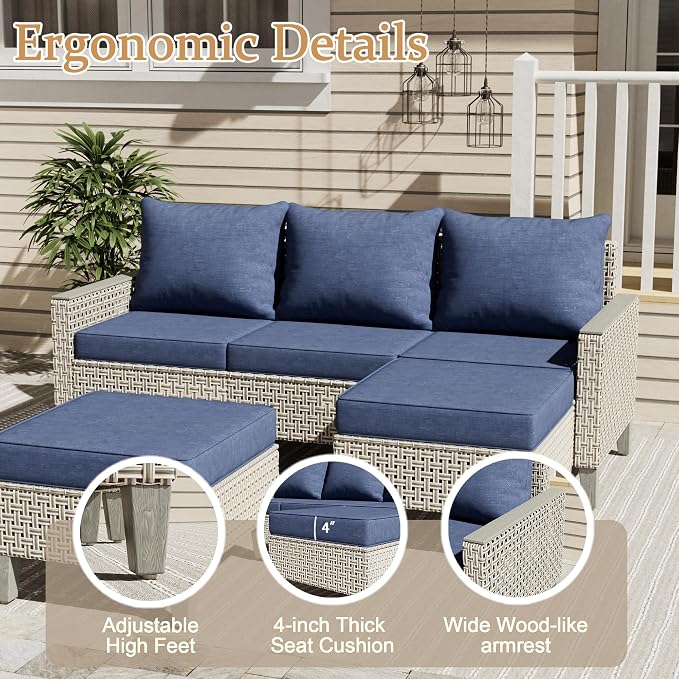 7 Pieces Patio Furniture Set with Ottomans, Modern Outdoor Sectional Sofa with Comfy Cushions, Modular Wicker Rattan Patio Conversation Set for Garden Poolside Deck, Navy