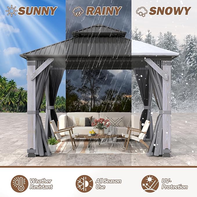 8.5'x8.5' Wood Gazebo, Outdoor Hardtop Gazebo with Wood Posts and Galvanized Steel Doule Roof, Wooden Frame Gazebos with Netting & Curtains for Patio Backyard Deck