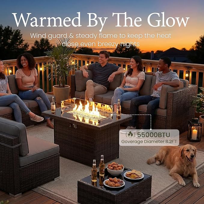 LayinSun 8 Piece Patio Furniture Set with 44" Propane Gas Fire Pit Table, Outdoor Sectional Conversation Set Wicker Rattan Sofa Set with Coffee Table