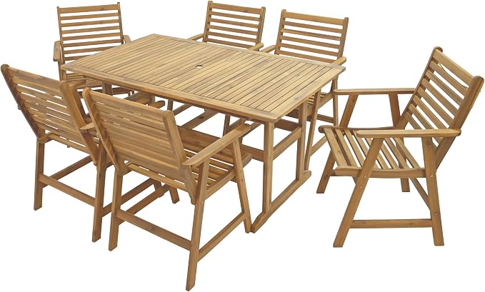 Sunnydaze 7-Piece Patio Dining Set for 6 - Hatteras Acacia Wood Outdoor Dining Set with Umbrella Hole - Outdoor Table and Chairs for 6