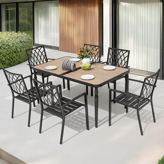 NUU GARDEN 7-Piece Outdoor Dining Set for 6, Patio Wood-Grain Table and Stackable Chairs Set with Umbrella Hole, 7 Pieces Metal Outdoor Furniture Set for Patio, Garden, Backyard, Black
