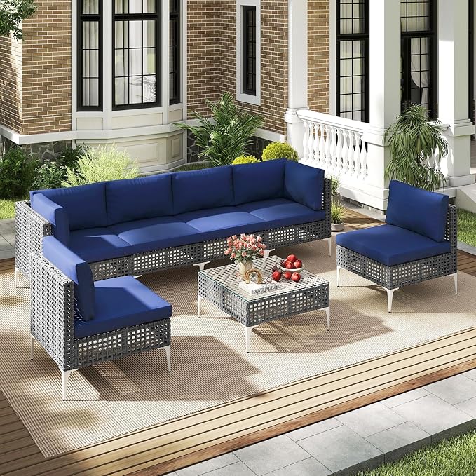 Tangkula 7 Piece Outdoor Furniture Set, Patiojoy Patio Wicker Sectional Cushioned Sofa Set with Coffee Table, for Backyard, Poolside, Porch and Lawn (Navy Blue)