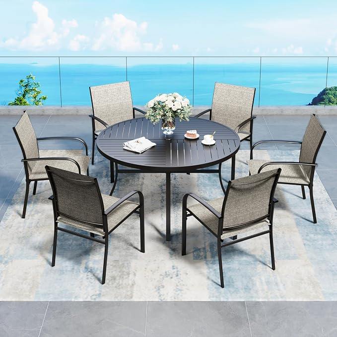 SUNSHINE VALLEY 7 Piece Outdoor Dining Set for 6, 54" Round Metal Table with Umbrella Hole, 6 Brown Dining Chairs, Patio Table and Chairs Set for Backyard Lawn