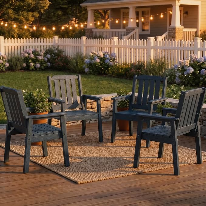 Takywep 23.9” Wide HDPE Patio Dining Chairs Set of 4, 650LBS Capacity All-Weather Yard Armchair with Slatted Seat, Heavy Duty Modern Backyard Furniture for Garden, Poolside, Deck, Blue