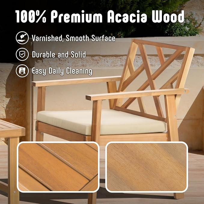 Werph 4-Piece Acacia Wood Outdoor Patio Furniture Set | Patio Sofa Bench and 2 Sofa Chairs with Table & Padded Cushions, Patio Lounge Conversation Set for Balcony Deck Backyard
