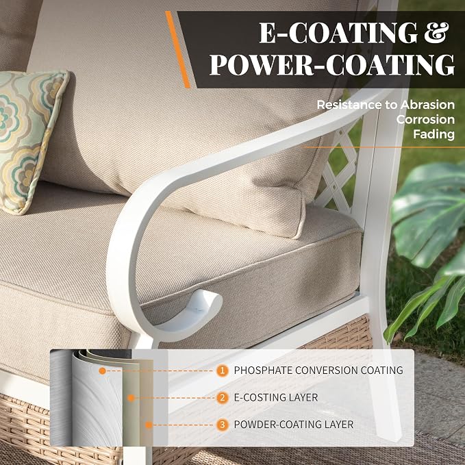MIXPATIO 6 Piece Patio Furniture Set, 4 x Fixed Chair, 1 x 3-Seat Sofa with Marbling Coffee Table, All Cushioned 7 Seats Outdoor Conversation Set for Lawn Garden Backyard, Beige