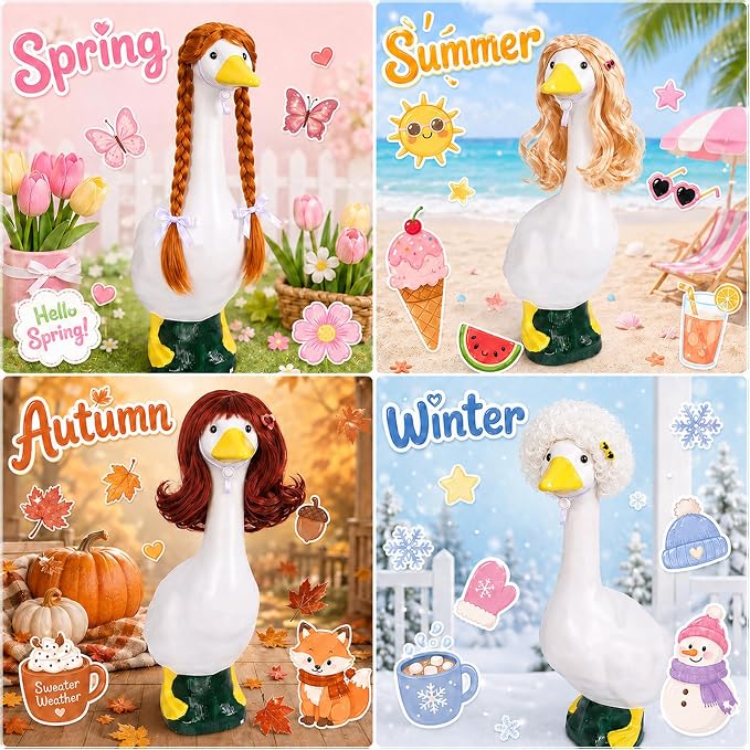 4Pcs Porch Goose Wigs Set Porch Goose Outfits Accessories for Outdoor Statue Accessories Garden Patio Yard Goosey Decoration (4PCS Wigs-D)