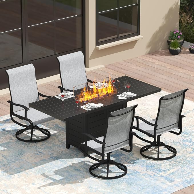 PIZZELLO 5 Pieces Patio Furniture Set w/ 60" Gas Fire Pit Table and 4 Patio Swivel Dining Chairs, Outdoor Conversation Set 50,000 BTU Aluminum Propane Fire Pit Patio Chairs Set of 4 for Backyard