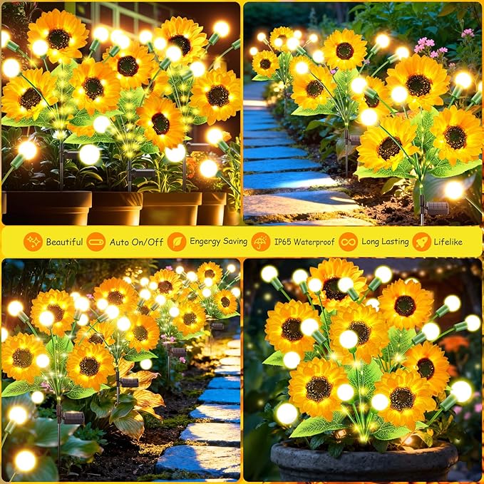 Garpar Solar Lights Outdoor Garden Decor, 4 Pack 800mAH Swaying Solar Firefly Lights with Bigger Sunflowers, Brighter Waterproof Solar Flower Lights for Outside Yard, Gifts for Mom Grandma Women