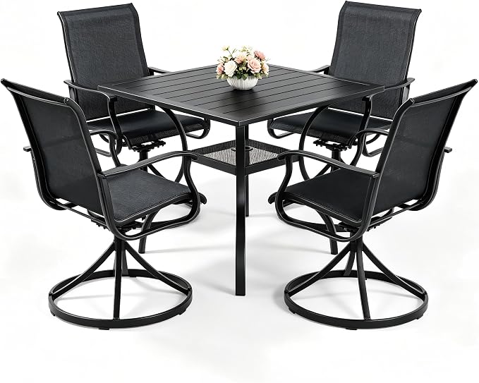 Crownland 5 Piece Patio Dining Set, 4 Swivel Metal Chairs and Square Outdoor Dining Table with 1.57" Umbrella Hole, Outdoor Furniture Dining Set for Lawn, Backyard, Garden(Black)