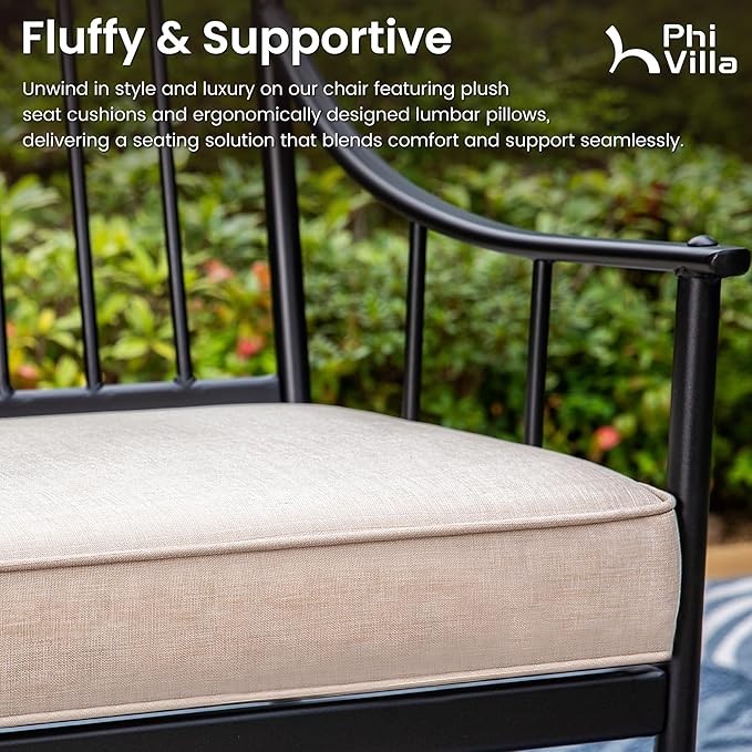 PHI VILLA 7 Piece Patio Dining Set, Rectangular Metal Table | Metal chairs, Fixed Chair, 13ft Large Beige Umbrella, 1.57" umbrella hole, Cushions, powder-coated