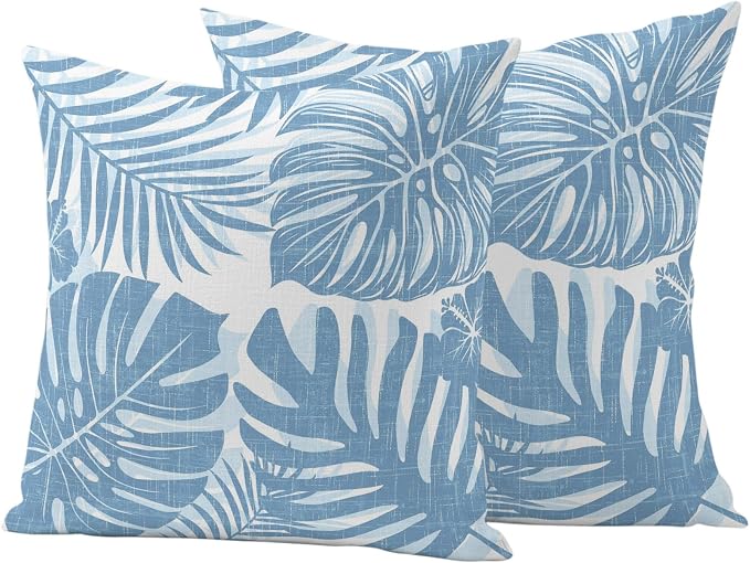 Coastal Blue Palm Leaves Outdoor Pillow Covers 20"x20" Set of 2, Tropical Botanical Minimalist Modern Waterproof Throw Pillow Covers for Patio Furniture, Decorative Cushion Covers for Porch