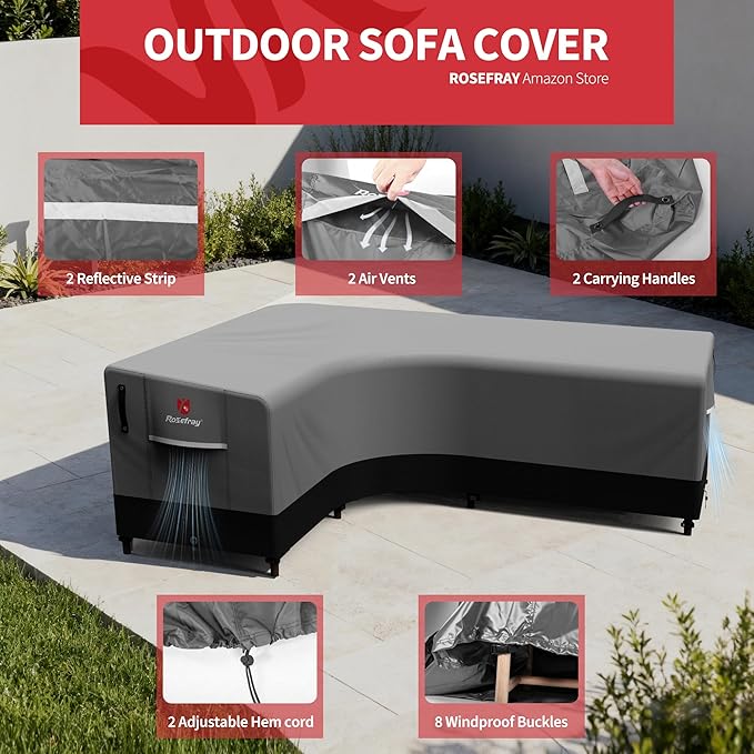 Rosefray 600D Outdoor L-Shaped Sectional Cover,Heavy Duty Anti UV Patio Sectional Sofa Cover with Air Vent, Waterproof Furniture Covers for Deck, Lawn,Backyard Left Facing 85''x105'' Black Gray