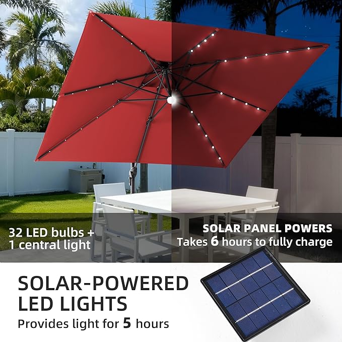 JZAC & QZYD 9x9 FT Outdoor Cantilever Patio Umbrella with Solar LED Lights, Large Heavy Duty 2-Tier Canopy Square Aluminum Offset Umbrellas with 360-Degree Rotation for Pool Deck Backyard, Red