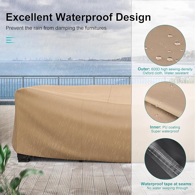 Patio Furniture Set Cover Waterproof, Heavy Duty Furniture Covers for Outdoor Sectional Sofa Set Wicker Rattan Table Chair Rectangular,124"L×71"W×29"H,Brown