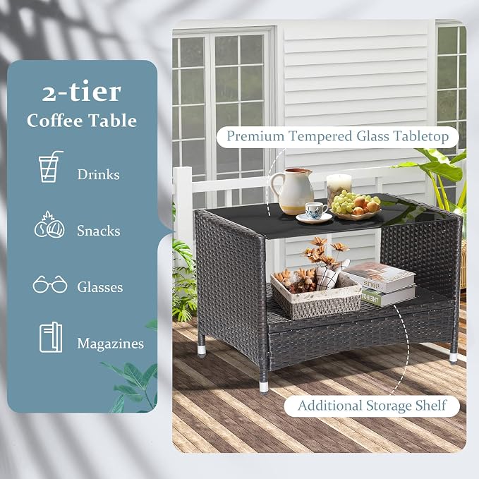 Tangkula 4 Pieces Patio Furniture Set, Patiojoy Outdoor PE Wicker Conversation Set with Soft Cushions and Tempered Glass Tabletop, Outdoor Garden Furniture Set with 2-Tier Coffee Table (Brown)