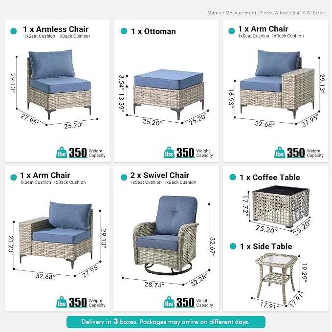 8 Pcs Patio Outdoor Furniture Set - All Weather Wicker Outdoor Sectional Sofa Couch with Swivel Rocking Chairs and Coffee Table,Patio Modular Rattan Conversation Set for Garden Deck Yard,Denim Blue
