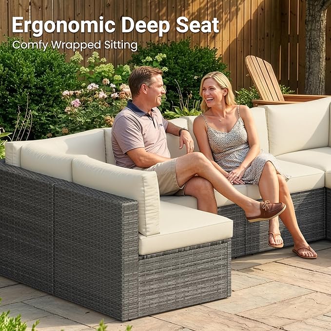 May in Color 7 Pieces Wicker Outdoor Patio Furniture Set, Patio Sectional Sofa with Coffee Table, All-Weather Outdoor Sectional Furniture for Garden Backyard, Beige