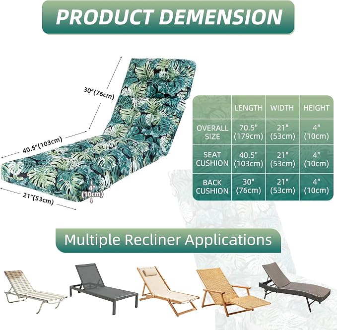 Patio Chaise Lounge Cushions, 70.5"x21"x4" Waterproof Replacement Beach Pool Lawn Outdoor Lounge Chair Cushion, Non-Slip Bottom & Secure Ties for Outdoor Furniture，Monstera, 1Count