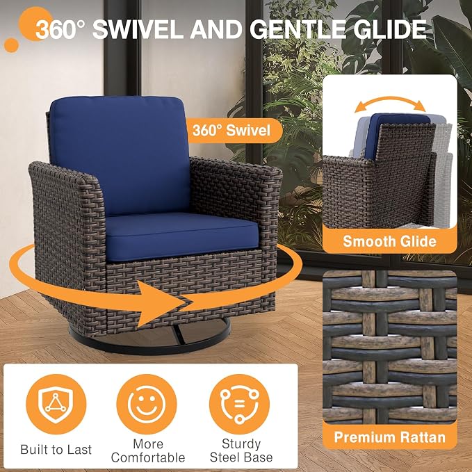COOS BAY Harbor Retreat 6 Piece Outdoor Furniture Set, Patio Conversation Set with Swivel Rocking Chairs, 2 Seat Loveseat, Side Table and Ottomans, Wicker Furniture, Brown/Blue