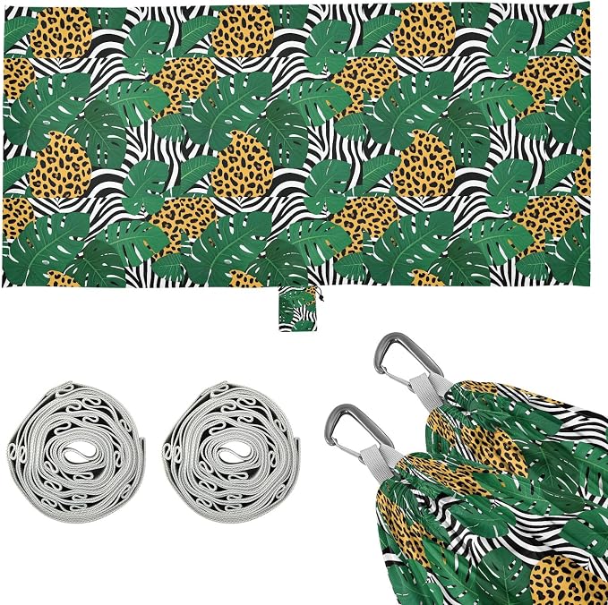 Camping Hammock Outdoor Hammocks for Outside Leopard Tropical Leaf Beach Trees Portable Lightweight with Pockets Tree Straps Indoor Small