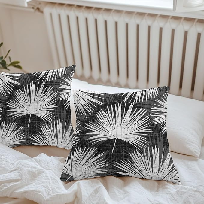 Throw Pillow Covers 24x24 Inch Set of 2, Black Palm Leaves Coastal Waterproof Outdoor Pillow Covers, Summer Tropical Botanical Boho Decorative Cushion Pillowcases for Couch, Sofa, Bed, Garden, Patio
