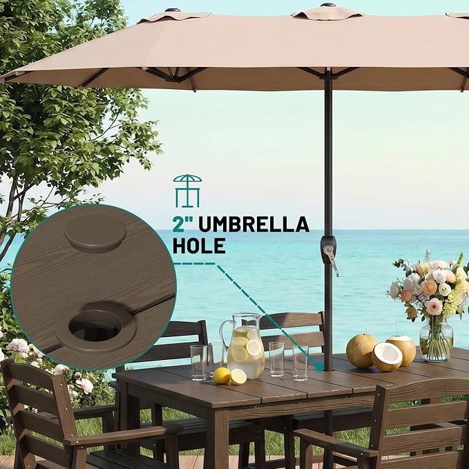 PLUUV 7-Piece Outdoor Patio Dining Set, All-Weather HDPE Dining Furniture Set with Umbrella Hole Cut-Out Table, Aluminum Table Legs, and 6 Chairs, Waterproof & Easy Clean for Backyard, Garden, Coffee