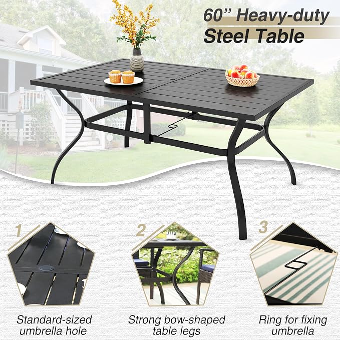 PHI VILLA 7pc Patio Dining Set w/Umbrella, Rectangular Table, Rattan Chairs | Outdoor Dining Set for 6, 60" Metal Table & 6 Cushioned Rattan Chairs with Beige Umbrella for Outdoor, Deck, Yard, Porch