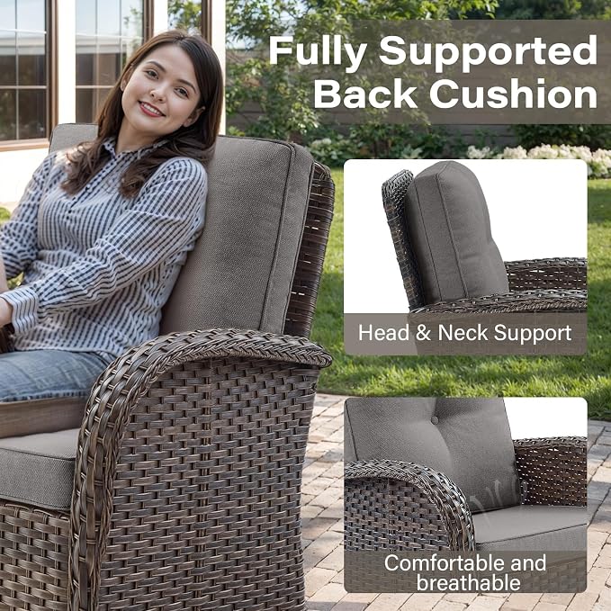 Belord Patio Wicker Furniture with Rocking Chairs Loveseat, 5 Piece Rattan Furniture Outdoor Table and Rocking Chairs Set for Patio Deck Porch Backyard Brwon/Grey
