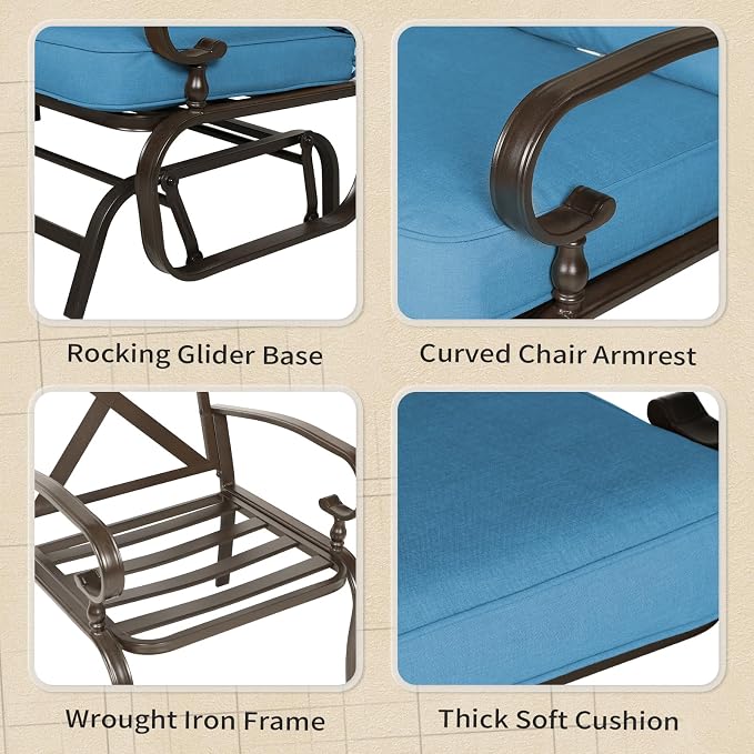 Oakcloud 5-Piece Outdoor Metal Furniture Sets Patio Conversation Set Wrought Iron Glider, 2 Single Chairs, Loveseat and Coffee Table, Peacock Blue