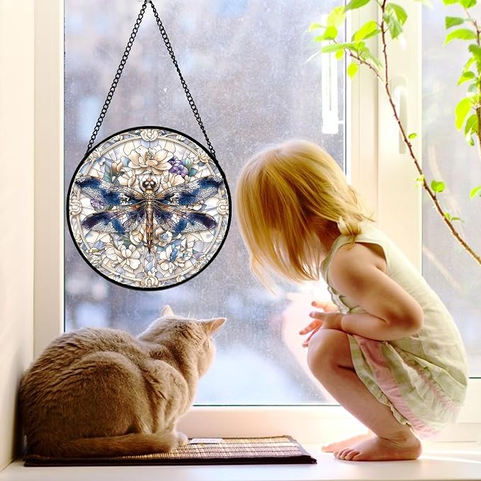DASTOLL Stained Glass Window Hanging, Dragonfly Flower Suncatcher for Doors Home Sun Catchers Decoration and Christmas, Mother's Day Birthday Gifts for Women, Men, and Mom 9.8 in