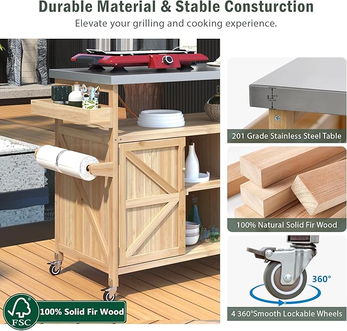 Outdoor Deck Box and Grill Prep Station with 201 Stainless Steel Top, Solid Fir Wood Patio Storage Cabinet for BBQ Tools and Cushions, Rolling Kitchen Island with Spice Rack, 50-Inch, Natural
