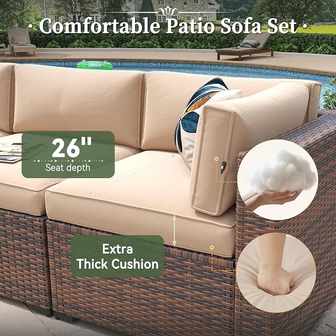 Aoxun 15 Piece Patio Furniture Set with 44” Fire Pit Table Wicker Rattan Outdoor Sectional Sofa Set with Coffee Table and Thickened Cushions, Beige