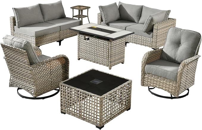 Outdoor Patio Furniture Sets,9 PCS Patio Conversation Set Outside Rattan Sectional Sofa with 42 in Square Fire Pit Table Wicker Rocking Chair Coffee Table Fit Backyard Garden Poolside Balcony