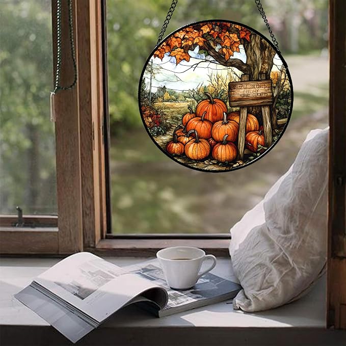 DASTOLL Stained Glass Window Hanging Fall Farm Scenery Maple Trees Pumpkin Large 15" - Suncatcher Door Garden Kitchen Sun Catcher Autumn Decor Birthday for Mom Nana Men Woman Friend