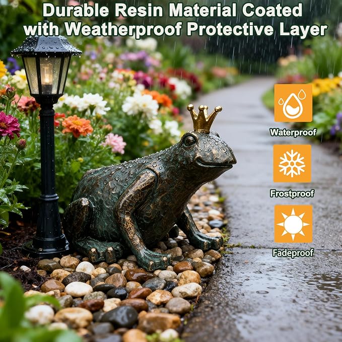 Crouching Frog Prince Garden Statue, Yard Decorations Outdoor Decor, Weather-Resistant Animal Figurines & Sculptures for Patio & Porch, 11.5" L×8" H