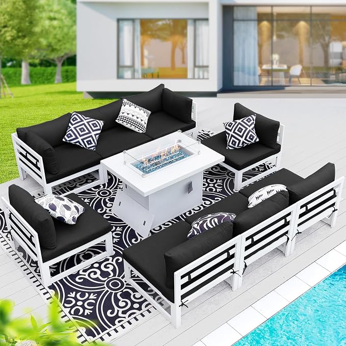 BULEXYARD 9 Piece Luxurious Aluminum Patio Furniture Set with Fireplace, 500 lbs Durable Outdoor Sectional Sofa, 29" Deep and Wide Big Seats, U Shaped Combo Conversation Couch for Outside Deck, Black