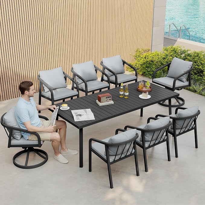 Outdoor Dining Set,9-Piece Patio Dining Table Set for 8 with Rectangular Table and 6 Thick Cushion Dining Chair & Swivel Chair, Aluminum Patio Furniture Set for Backyard, Garden (Black)