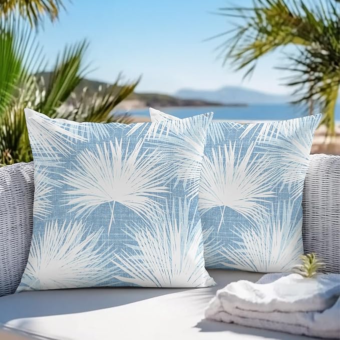 Throw Pillow Covers 16x16 Inch Set of 2, Sky Blue Palm Leaves Coastal Waterproof Outdoor Pillow Covers, Summer Tropical Botanical Decorative Cushion Pillowcases for Couch, Sofa, Bed, Garden, Patio
