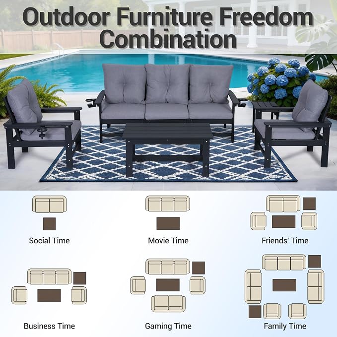 HDPE 7 Piece Patio Furniture Set, Outdoor Sectional Sofa with Coffee Table, Side Table and Seat Cusions, Patio Conversation Set for Party, Backyard, Porch, Deck, Poolside, Black & Grey