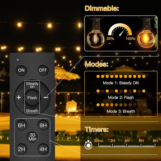 Ollny 60FT Solar Lights Outdoor, Waterproof Remote Control Dimmable Timers 3Modes String Light with 25 LED + 2 Spare Shatterproof Bulb, G40 Patio Lights for Outside Garden Yard Fence Porch