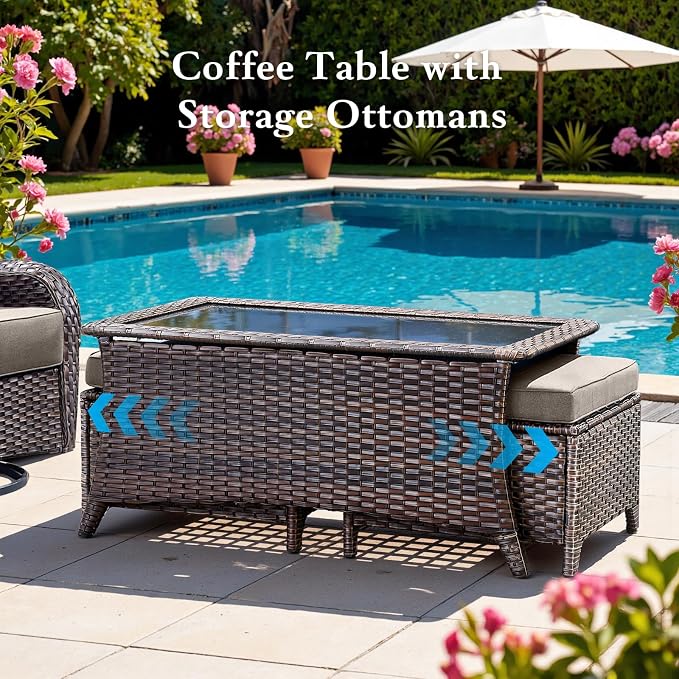 Belord Luxury 6" Thick Cushioned 7 Pieces Patio Furniture Set with Fire Pit Table, Wicker Outdoor Conversation Set with High Back Swivel Rocker Chairs for Deck Porch Yard and Poolside - Brown+Grey