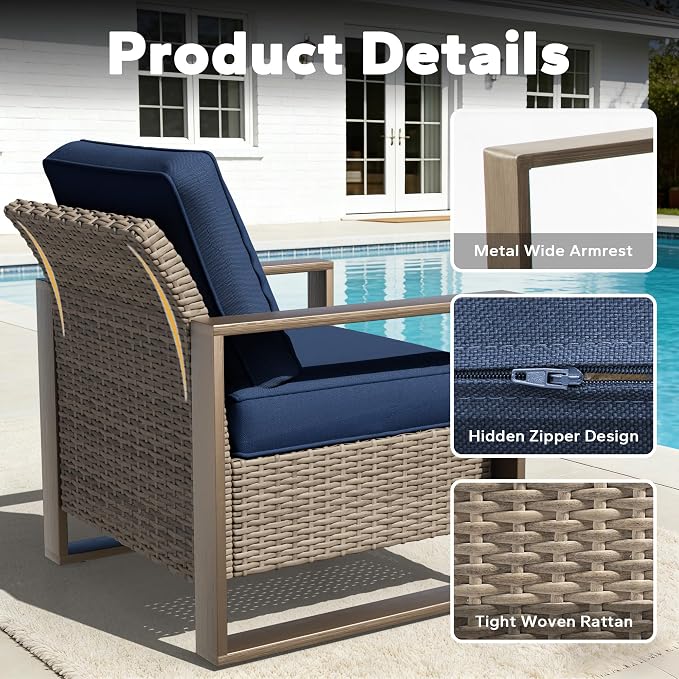 Outdoor Wicker Metal Chairs Set of 2 with Two Ottomans - 4 Pieces Patio Bistro Set with Rectangular Framed Wood-Looking Metal Armrest & Removable Cushions for Poolside, Terrace, Dark Blue