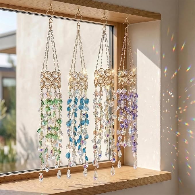 Crystal Suncatchers for Window Hanging Decor, Prism Rainbow Maker with Chain & Hook, Ornament for Ceiling, Garden, Home, Indoor & Outdoor Decoration, Transparent/Ab