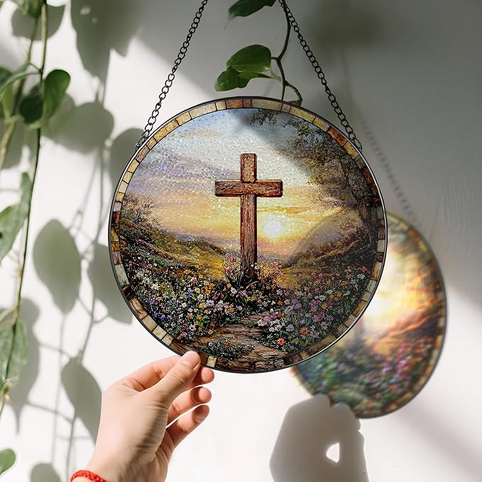 8 Inches Cross Sunset Stained Glass Suncatcher, Christmas Ornament, Window Hanging Decor, Christian Home Decor, Christian Gift, Religious Gift, Gifts for Christmas