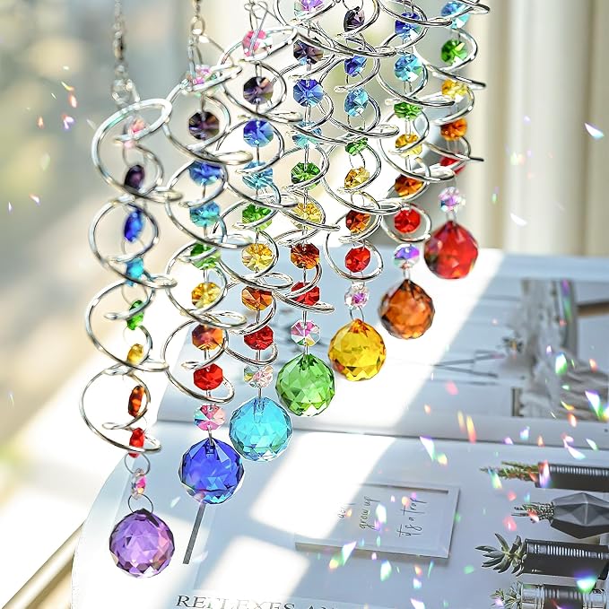 7 Pcs Crystal Gazing Ball Spiral Wind Spinner Suncatcher Garden Decor | Crystal Suncatcher Wind Spinner with Spiral Tail Gazing Ball Swivel Hook Hanging for Indoor Outdoor Yard Garden Home Decor
