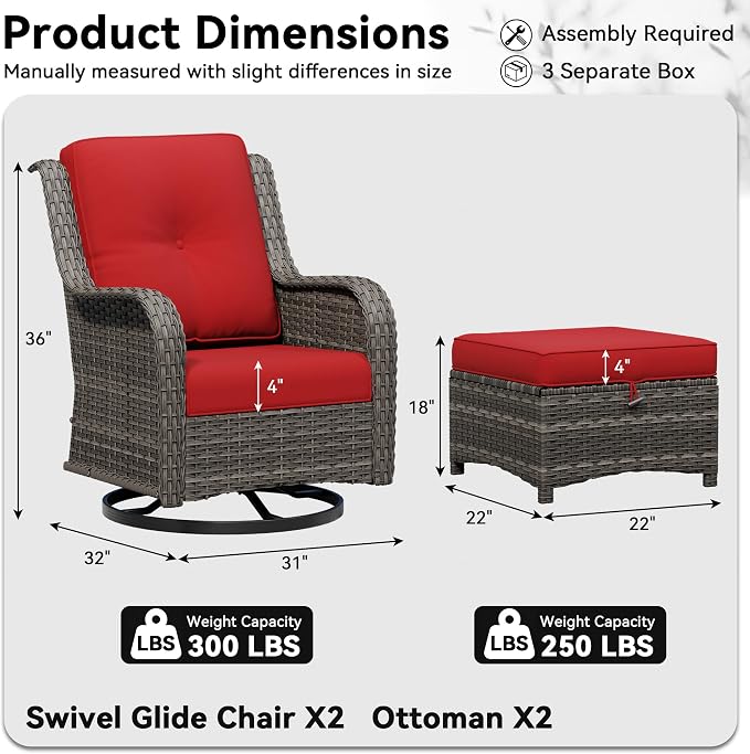 4 Piece Outdoor Wicker Patio Furniture Set, Outdoor Swivel Rocker Patio Chairs Set with Thickened Olefin Cushions, High Back and Deep Seating, Hand-Woven PE Rattan, Ottoman for Porch, Deck