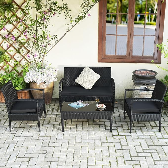 Tangkula 8 Pieces Wicker Patio Conversation Furniture Set, Outdoor Rattan Chair and Table Set, Patio Furniture Sets with Coffee Table & Washable Cushions for Courtyard Balcony Garden