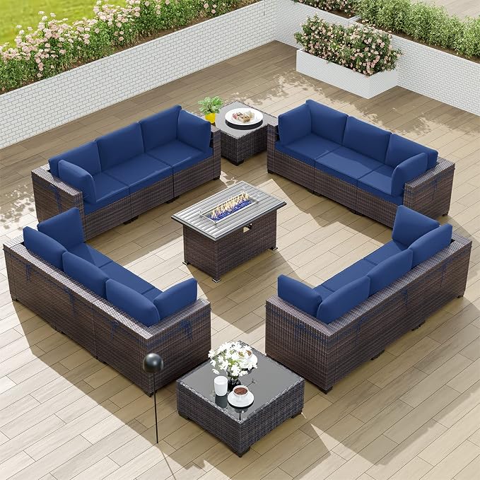 Kullavik 15PCS Outdoor Patio Furniture Set with 43" 55000BTU Gas Propane Fire Pit Table PE Wicker Rattan Sectional Sofa Patio Conversation Sets w/8 Coner Sofas,Navy Blue