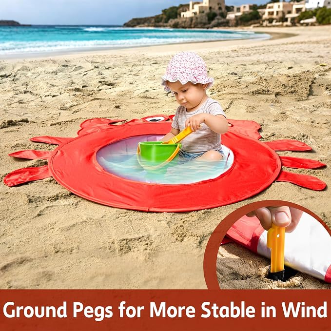 RunNico Pop Up Beach Pool, Portable Toddler Beach Pit with Water Bag and Storage Bag, Cute Shape Beach Pool Puddle for Outdoor Summer Beach Camping Traveling Vacation (Crab)